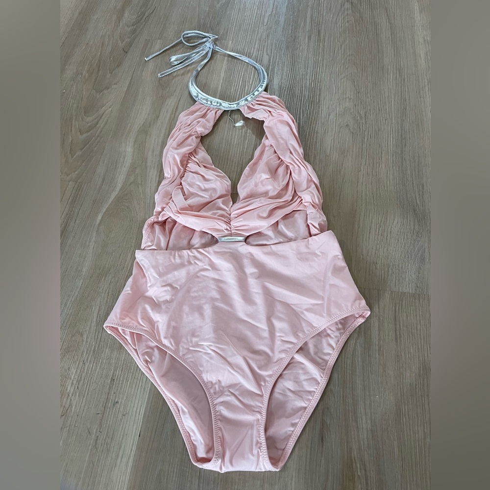 LA PERLA Designer Pink Halter Top Bathsuit with peekaboo sides and pearl dangle